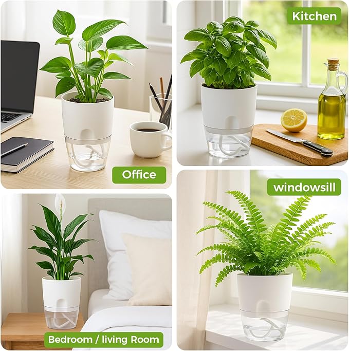6 Pack Self Watering Pots for Indoor Plants, PlanterHoma 3.2/4/6 Inch Plant Pot Plastic Self Watering Planter for Orchid, African Violet, Small Clear Flower Pots with Drainage Holes and Wicking, White