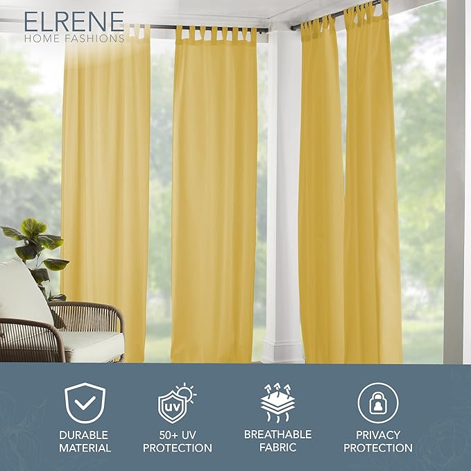 Elrene Home Fashions Matine Weatherproof Tab-Top Indoor/Outdoor Solid Color Curtain Panel for Porch, Pergola, Patio, Deck, 52”W x 95”L, Yellow