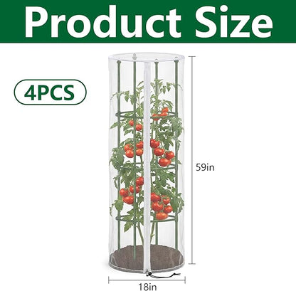 4 Pcs Garden Bird Netting Cover for Round Tomato Cage, 59" x 18" Tomato Trellis Insect Barrier Protection Mesh, Plant Cage Garden Net Cover with Zipper for Vertical Climbing Plants Vegetables Fruits