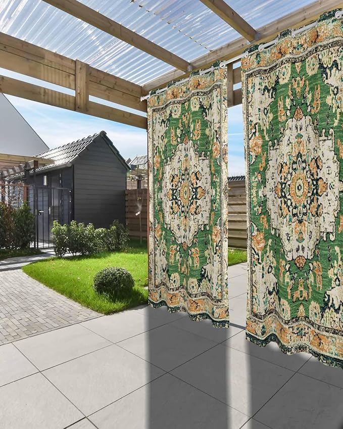 Ombre Green Boho Outdoor Curtains for Patio Waterproof, Grommet Privacy Curtain Drapes Weatherproof Outside Curtains for Porch GazeboPergola Cabana 1 Panel 54x84inch Vintage Ethnic Tribal Geometric