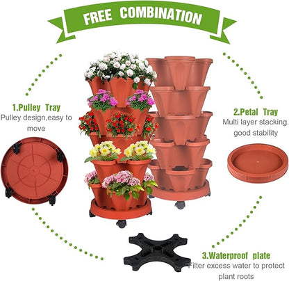 Vertical Strawberry Planter 5 Tier Stackable Tower Herb Planters Stacking Outdoor Garden Planters Pot With Tools Mover For Growing Flowers, Vegetables and Succulents