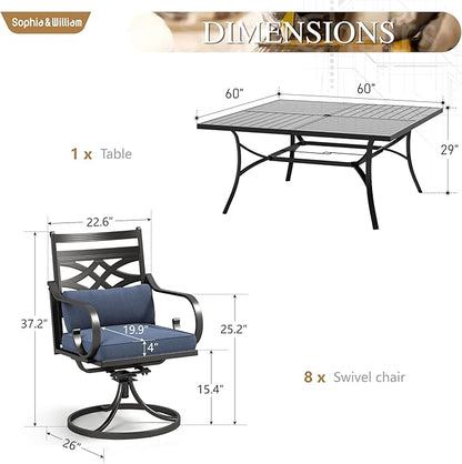 Sophia and William Swivel Outdoor Patio Dining Set for 8, Outdoor Table and Chairs, Removable Seat Cushions, Black 37" Patio Dining Table,Blue