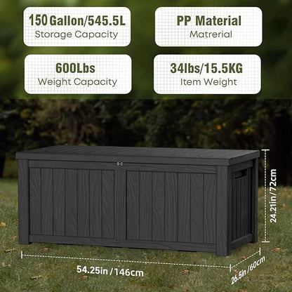 Deck Box, 150 Gallon Black Resin Lockable Weathertight Storage Bin