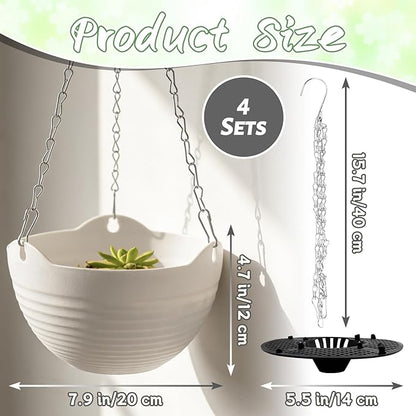 Bvrbaory 4 Pack 8 inch White Hanging Planters,Self-Watering Indoor Outdoor Plant Pots,Round Hanging Basket with Water Tray Metal Chain for Garden,Porch,Wall Decoration