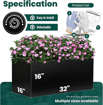 Galvanized Steel Metal Planter Rectangular Indoor 32" L x 16" W x 16" H Black Planter Box Large Outdoor Planters Steel Commercial Residential for Patio, Garden