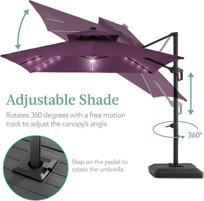 Best Choice Products 10x10ft Cantilever Patio Umbrella w/Base Included, Solar LED Lights 360 Rotation Large Offset Hanging Outdoor Shade for Deck Pool Backyard w/Stand – Amethyst Purple
