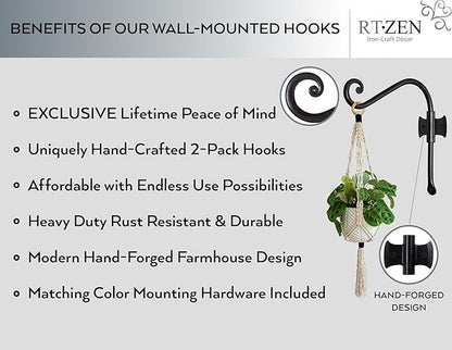 RTZEN Plant Hangers Indoor or Outdoor - Wrought Iron Metal Hanger Indoor Hook - Heavy Duty Wall Bracket Hooks for Hanging Plants Baskets Lanterns Wind Chimes - 2 Pack (Black Axe-Shape Hooks)