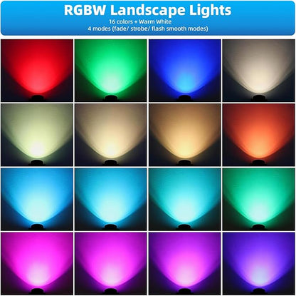 Low Voltage Landscape Lighting,12V-24V RGBW Color Changing Landscape Lights IP67 Waterproof Landscape Spotlights for Garden Yard Holiday Halloween Christmas Decor (2 Pack)