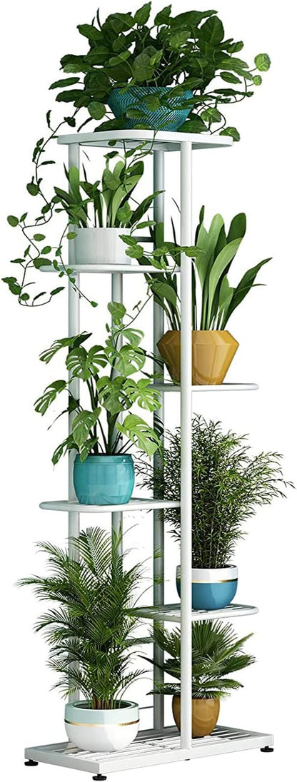 LINZINAR Plant Stand Metal 6 Tier 7 Potted Multiple Flower Pot Holder Shelf Indoor Outdoor Planter Display Shelving Unit for Patio Garden Corner Balcony Living Room (6 Tier 7 Potted, White)