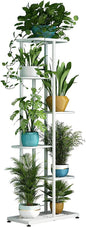 LINZINAR Plant Stand Metal 6 Tier 7 Potted Multiple Flower Pot Holder Shelf Indoor Outdoor Planter Display Shelving Unit for Patio Garden Corner Balcony Living Room (6 Tier 7 Potted, White)