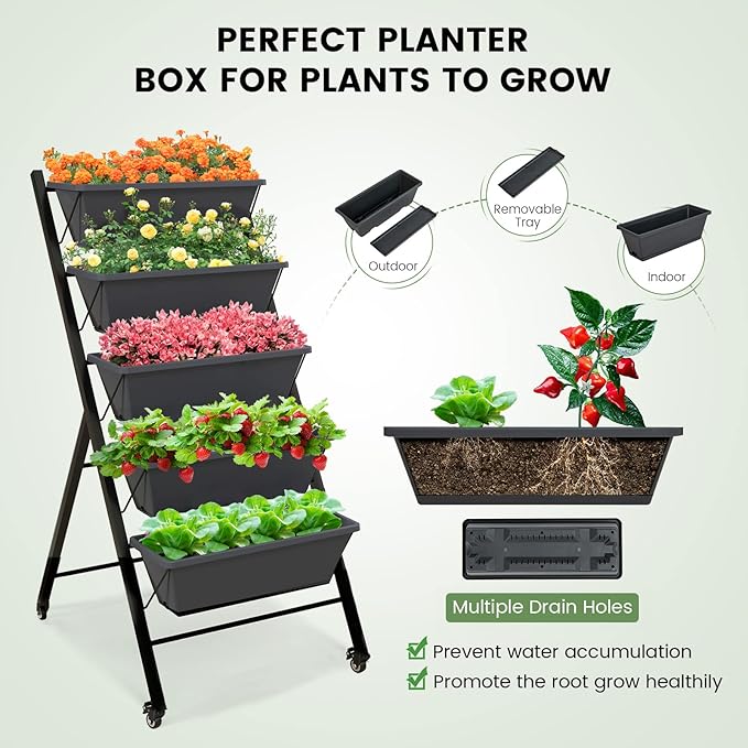 Giantex Set of 2 Vertical Raised Garden Bed on Wheels, Elevated Planter Raised Beds with Water Drainage, Freestanding 5 Container Boxes for Vegetables and Flowers Growing, Outdoor Indoor Patio Balcony