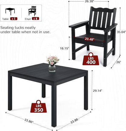 Stoog 5 Pieces Patio Dining Sets, All-Weather HIPS Material & Aluminum Frame Dining Table with Umbrella Hole, Outdoor Dining Table for 4, Never Rot or Fade, Black