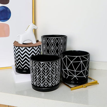 Ton Sin Flower Pots,5.5 Inch Black Ceramic Planter with Drainage Hole,Indoor Cylinder Plant Pots with Saucer,Cactus Succulent Outdoor Garden Pots Set of 4