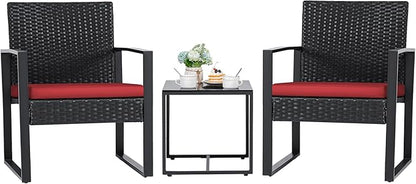 Flamaker 3 Pieces Wicker Patio Furniture Outdoor Modern Rattan Chair Conversation Sets with Coffee Table for Yard and Bistro (Red)