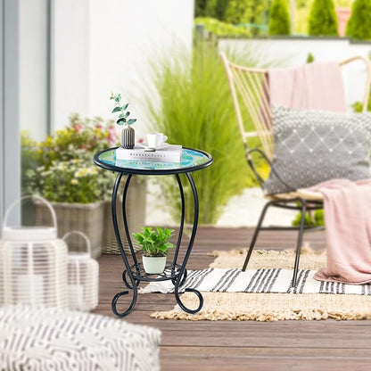 LIFFY Mosaic Outdoor Side Table, 14" Round Flower Patio Side Table, Mosaic Plant Stand, End Table W/Storage Shelf, Small Bistro Coffee Table for Garden Yard Porch Living Room