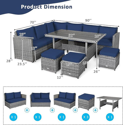 Tangkula 7 Pieces Patio Furniture Set, Outdoor Sectional Rattan Dining Sofa Set with Cushions, All Weather Wicker Conversation Couch Set with Dining Table & Ottomans for Yard Garden Poolside, Navy