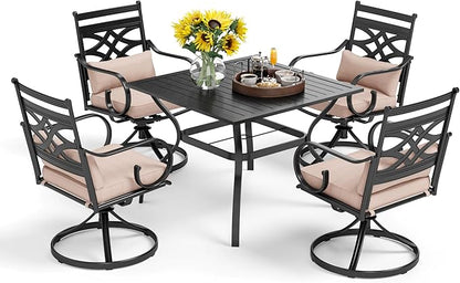 PHI VILLA 5 Pieces Outdoor Dining Set for 4, 37" Square Black Metal Table & Wrought Iron Swivel Chairs, All Weather Large Outside Furniture with Cushions & Pillows for Patio, Deck, Porch