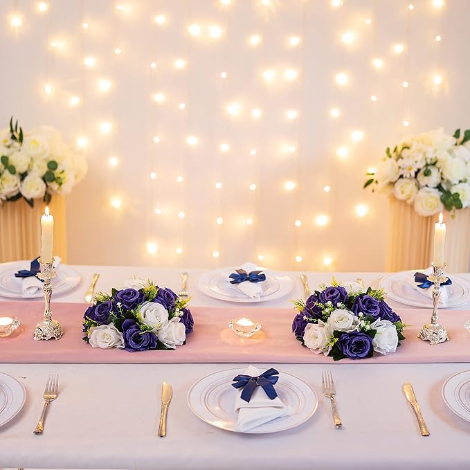 Artificial Flowers Silk Rose Centerpiece Ball, Navy Blue & White