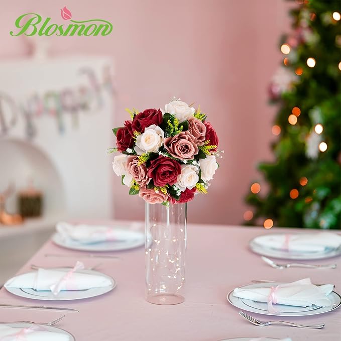 Artificial Flower Ball Centerpieces, Burgundy Silk Roses, 3-in-1 Design