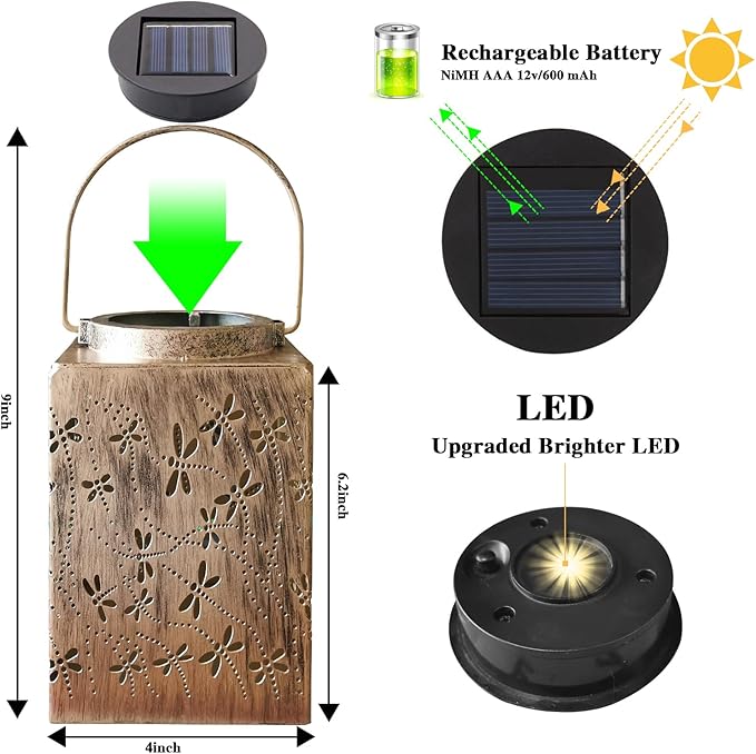 Lanterns, Bronze Metal Solar Outdoor Lights, 2 Pack Waterproof