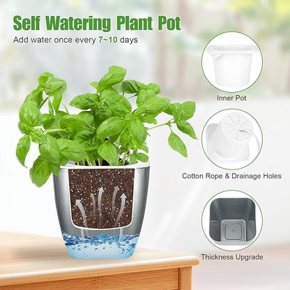4 Pack Self Watering Pots 4-inch Decorative Flower Planters for Indoor Plants Modern Square planters for Small Plants Window Sill Planters for Succulents, African Violets, Herbs(Sliver Black)