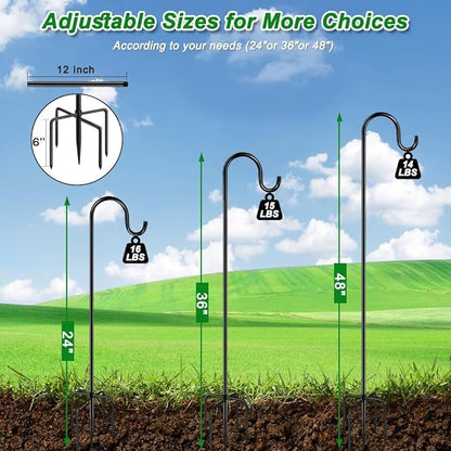 36 Inch Shepherds Hooks for Outdoor, Heavy Duty Bird Feeder Pole with 5 Prong Bases, Garden Hanging Stake for Bird Feeder, Solar Light, Plant Hanger, Wedding Decor, Metal Hanger Hooks, Black, 2 Packs