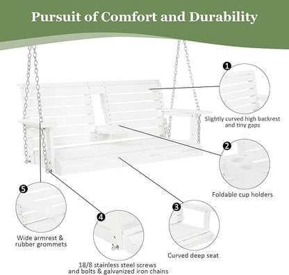 Poly Lumber 2-Seat Porch Swing, HIPS 4.5-Feet Bench Swing with Foldable Cup Holders,18/8 Stainless Steel Hardware, High Backrest and Deep Contoured Seat (Snow White, 4.5-feet)