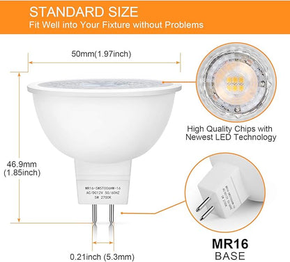 Mlambert 12 Pack MR16 LED Bulbs 50W Halogen Equivalent,2700K Warm White,5W GU5.3 MR16 12V Spotlight Bulb,Non-Dimmable,45° Beam Angle for Landscape