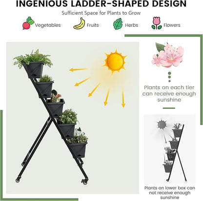 Giantex Vertical Raised Garden Bed on Wheels, Elevated Planter Raised Beds with Water Drainage, Freestanding 5 Container Boxes for Vegetables and Flowers Growing, Outdoor Indoor Patio Balcony
