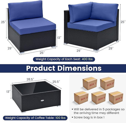 Tangkula 10 Pieces Patio Sofa Set, Outdoor Wicker Conversation Set with Soft Cushions, Tempered Glass Tabletop, Sofa Fastener Clips Included, Rattan Furniture Set for Backyard, Poolside (Navy)
