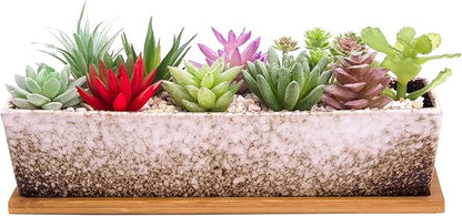 Succulent Pots - Large Succulent Planter Pots with Drainage, 12 Inch Long Rectangle Bonsai Pot with Bamboo Tray Shallow Ceramic Cactus Flower Planter Window Box for Home Garden Decor (White)