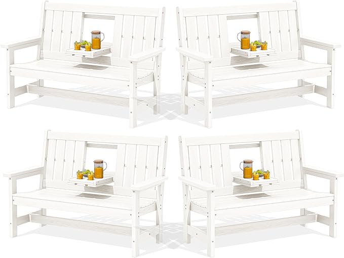 SERWALL Outdoor Bench with Cup Holder, 58" HDPE Garden Park Bench Suitable for 3 Person, All Weather Patio Benches with High Backrest and Wide Armrests for Garden, Park, Yard, Front Porch, White