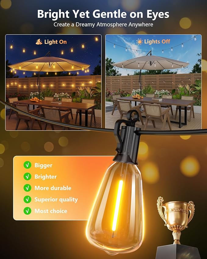 Brightown 175FT Solar String Lights Outdoor Waterproof with Remote, 56+2 LED Shatterproof Bulbs, Dimmable & Timable, 3 Light Modes - Commercial Grade Patio Lights for Garden Backyard Party Decor