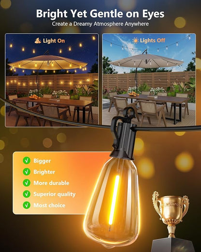 Brightown 37FT Solar String Lights Outdoor Waterproof with Remote, 10+1 LED Shatterproof Bulbs, Dimmable & Timable, 3 Light Modes - Commercial Grade Patio Lights for Garden Backyard Party Decor