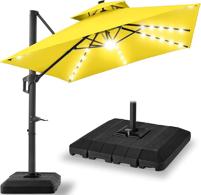 Best Choice Products 9x12ft LED Cantilever Patio Umbrella w/Base Included & 360° Rotation, Large Solar Offset Hanging Outdoor Sun Shade for Deck, Backyard Table w/Stand & Lights – Yellow