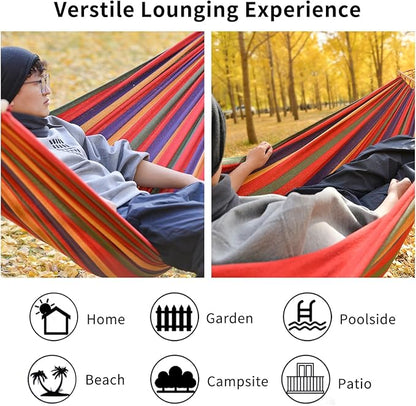 Hammock, Cotton Canvas Hammock Portable Camping Hammock with Carrying Bag Two Anti Roll Balance Beam Metal Carabiner Ropes and Tree StrapsSuit for Indoor,Yard,Camping,Outdoor-Rainbow