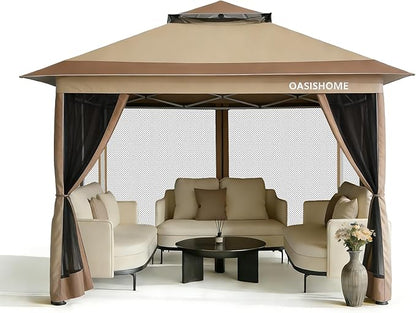 OASISHOME Pop-up Gazebo Portable Instant Canopy Tent 12x12, One-Push Locking System, with 4 Mesh Sidewall, Wheeled Bag, for Patio/Backyard/Outdoor/Parties/Events (Khaki)