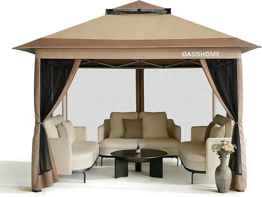 OASISHOME Pop-up Gazebo Portable Instant Canopy Tent 12x12, One-Push Locking System, with 4 Mesh Sidewall, Wheeled Bag, for Patio/Backyard/Outdoor/Parties/Events (Khaki)