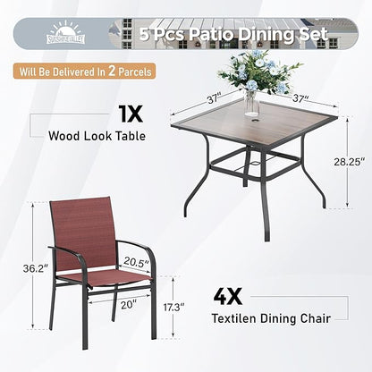 5 Piece Patio Dining Set for 4, 37'x37' Square Table with Umbrella Hole and 4 Metal Chairs, Outdoor Table and Chairs Set for Lawn, Backyard and Deck, Red