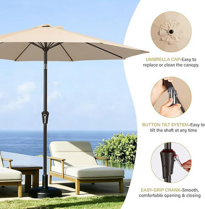 MEWAY 9ft Patio Umbrella Outdoor Table Umbrellas with Push Button Tilt and Crank, Market Umbrella 8 Sturdy Ribs for Deck, Garden, Pool and Backyard, Cream Beige