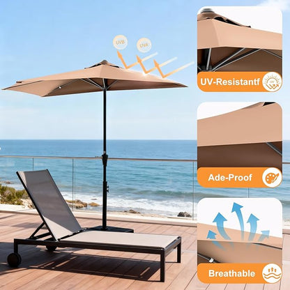 OLIXIS Half 9Ft Umbrella Outdoor Patio, Scalloped Patio Umbrella with Easy Crank, Sun Half Patio Umbrella for Balcony, Market, Garden, Khaki