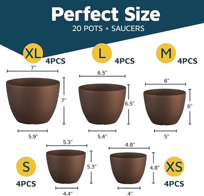 Planter Pots with Drainage Holes - Lightweight, Durable & Space-Saving Pots for Indoor and Outdoor - Versatile Functionality, Simple Modern Design, Set of 20 Plastic Planter Pots - Brown