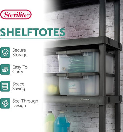 Sterilite 6-Pack ShelfTote, Clear Plastic Storage Bins with Lids, 25 Quart, Gray - Stackable Organizing Container Boxes for Closet, Bathroom, and Office