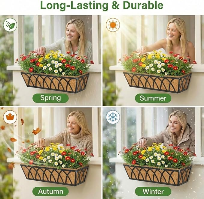 Y&M 24 Inch Window Deck with Coco Liner, Fence Metal Hanging Flower Planter Window Basket Deck Railing Planter Boxes for Outdoor Garden Lawn,6pcs