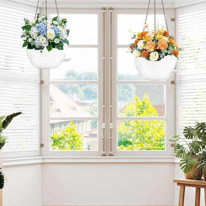 12 inch Hanging Planters for Indoor Plants, 2 Pack Self-Watering Hanging Planter Pots with Chain and Drainage Holes, Outdoor Plastic Hanging Baskets for Garden Home Decor (White, 2pcs/12inch)