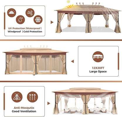 COBIZI Gazebo 12x20 Heavy Duty Gazebos with Curtain and Netting Outdoor Gazebo Canopy Double Roof Patio Gazebos with Metal Steel Frame for Patio, Deck, Backyard-Khaki