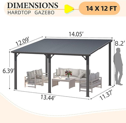 AECOJOY 12' x 14' Outdoor Hardtop Metal Gazebo for Patio, Large Lean to 14x12 Galvanized Steel Heavy Duty Wall Mounted Pergolas and Grill Gazebos Clearance, Patio Pergola Metal Roof Awnings for Decks