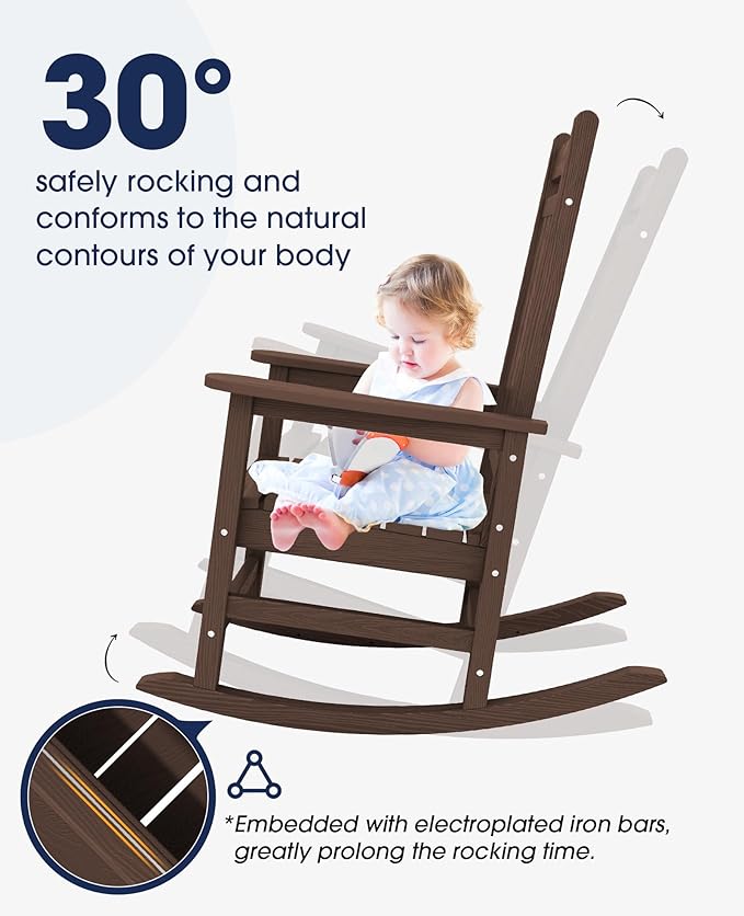 Rocking Chair, Coffee Oversized Patio Chair, 350 lb Capacity, HDPE