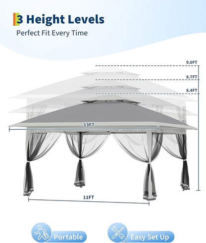 Canopy Tent 13x13 ft, Pop Up Gazebo One-Push Setup with 4 SandBags for Backyard Parties and BBQs, Mosquito Netting & Height Adjustable - Grey