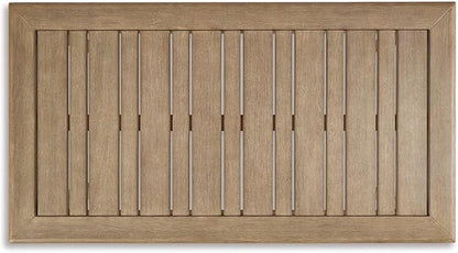 Signature Design by Ashley Gerianne Contemporary Outdoor Rectangular Cocktail Table, Slatted Top Sheds Rainwater, Eucalyptus Wood, 50" W x 26" D x 18.63" H, Beige